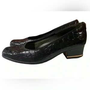 ARA Crocodile Embossed Black Slip On Mid Heel Comfort Pumps Navy Blue